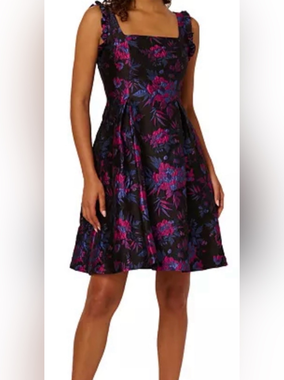 Adrianna Papell Floral Ruffle-Strap Jacquard Cockail Dress, NWT, size 6